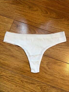 Women’s Ribbed White Thong Panty Well Worn